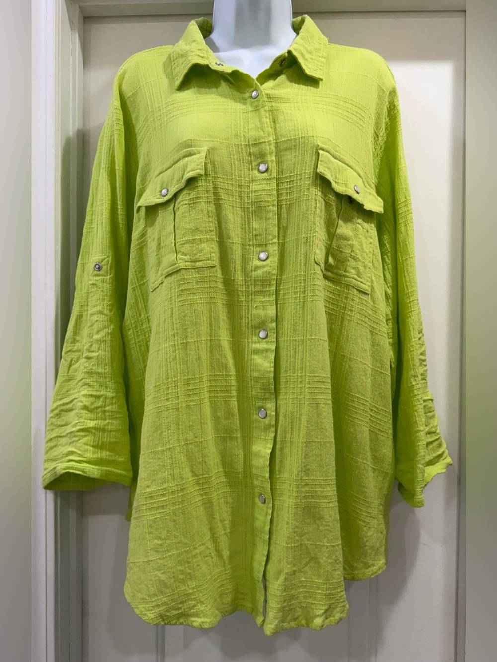 Woman Within Lime 🍋‍🟩 Green Gauzy Button-Front Shirt Size 18/20 Large